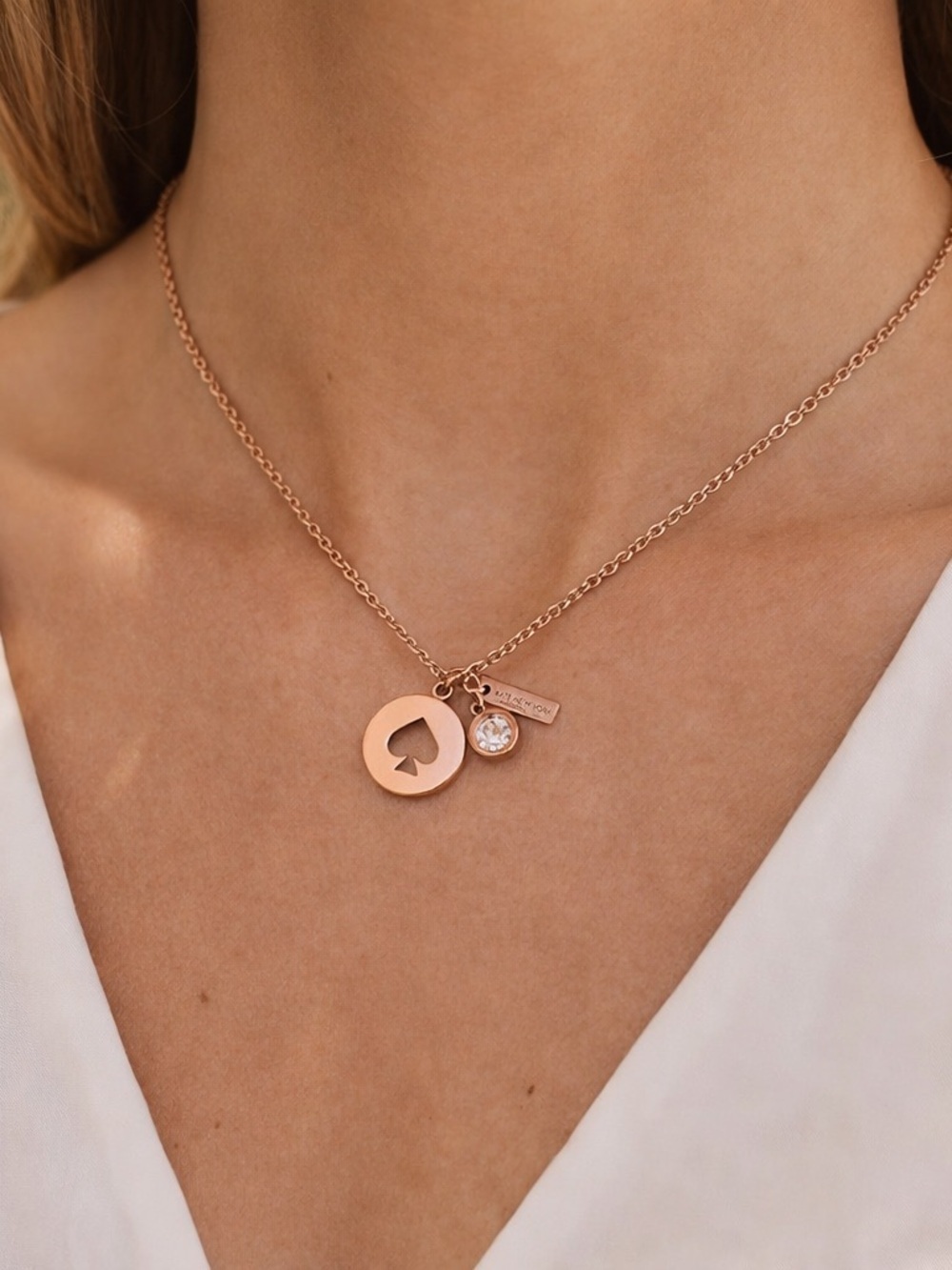 kate spade rose gold spade cutout pendant necklace with crystal charm